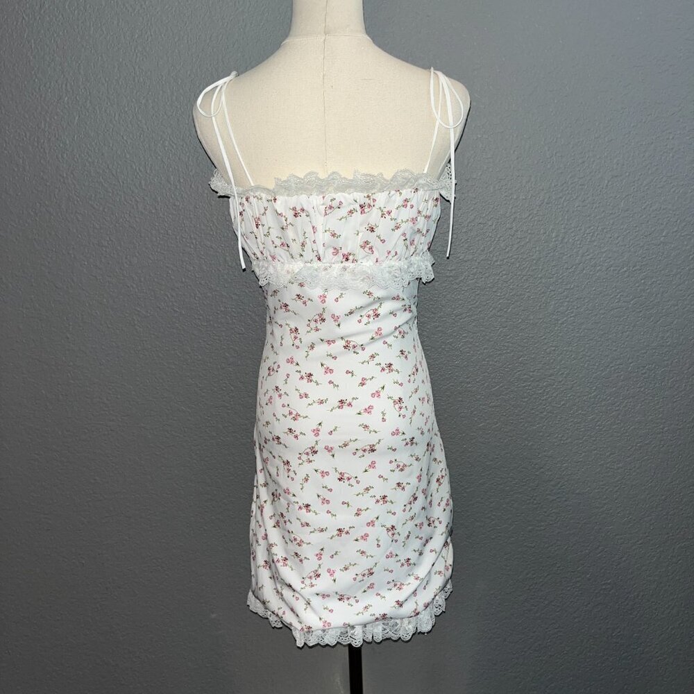 2bella Boutique Spaghetti Strap Ruffle Tie Bottom Mini Dress -White Ditzy Floral - Picture 5 of 15